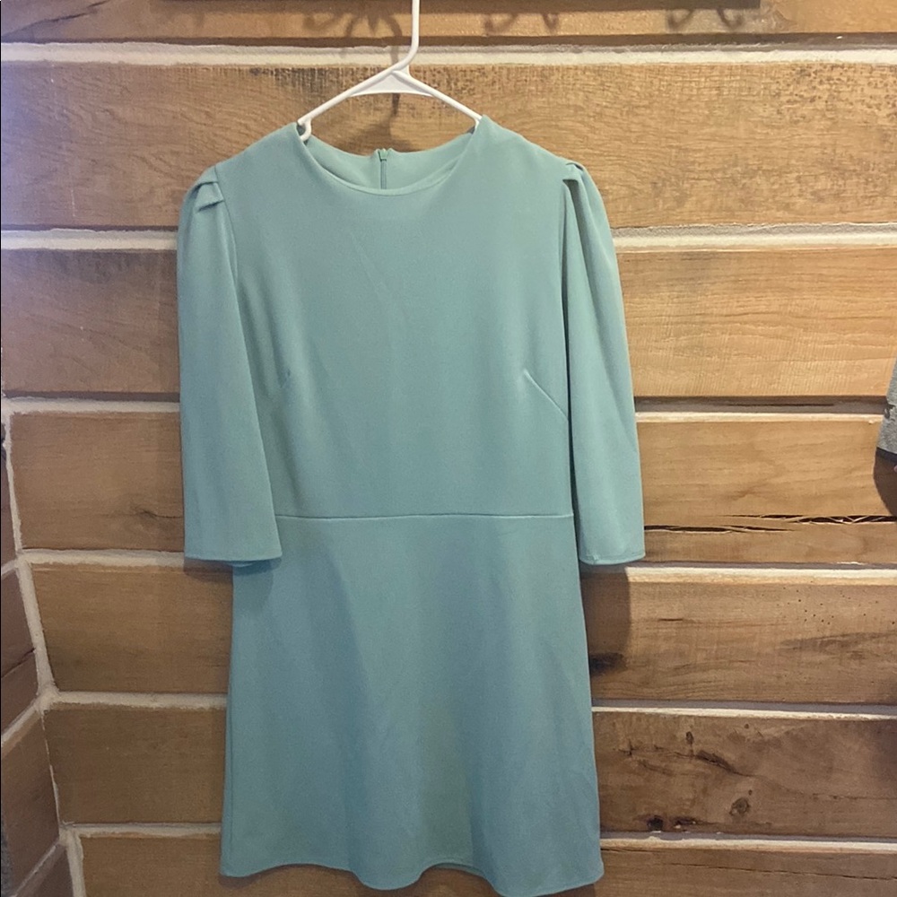 Green Sheath Dress with Puff Sleeves and Crew Neck